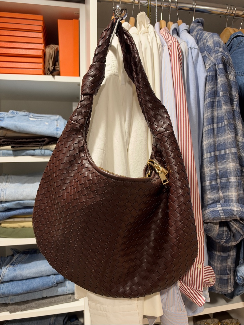 Anthropologie Woven Leather Hobo Bag in Dark Brown